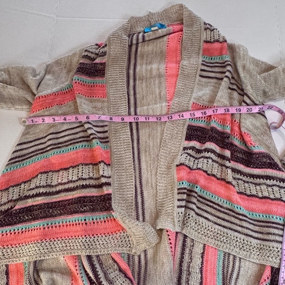 Boho Striped Open Front Draped Cardigan Sweater | Size M | Neutral Pink Teal - Picture 6 of 8